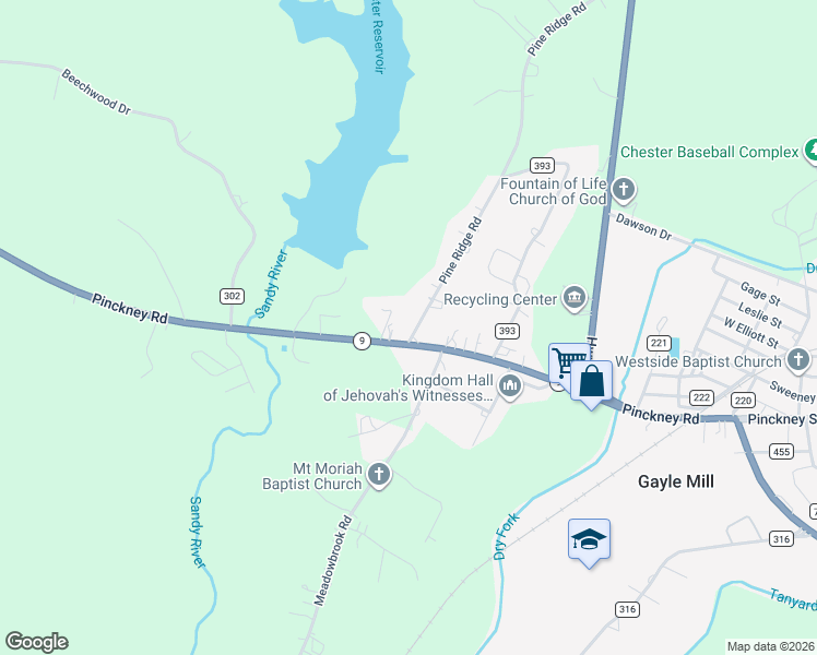 map of restaurants, bars, coffee shops, grocery stores, and more near 1050 Pine Ridge Road in Chester