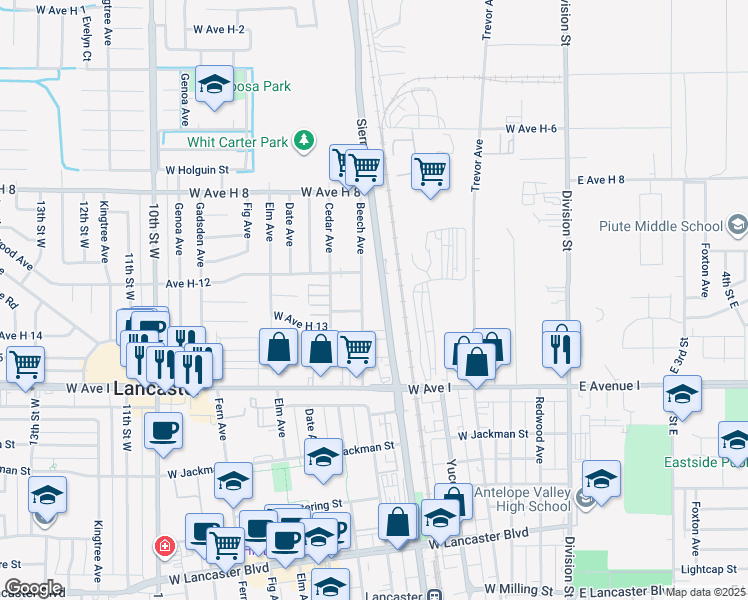 map of restaurants, bars, coffee shops, grocery stores, and more near 45345 Sierra Highway in Lancaster