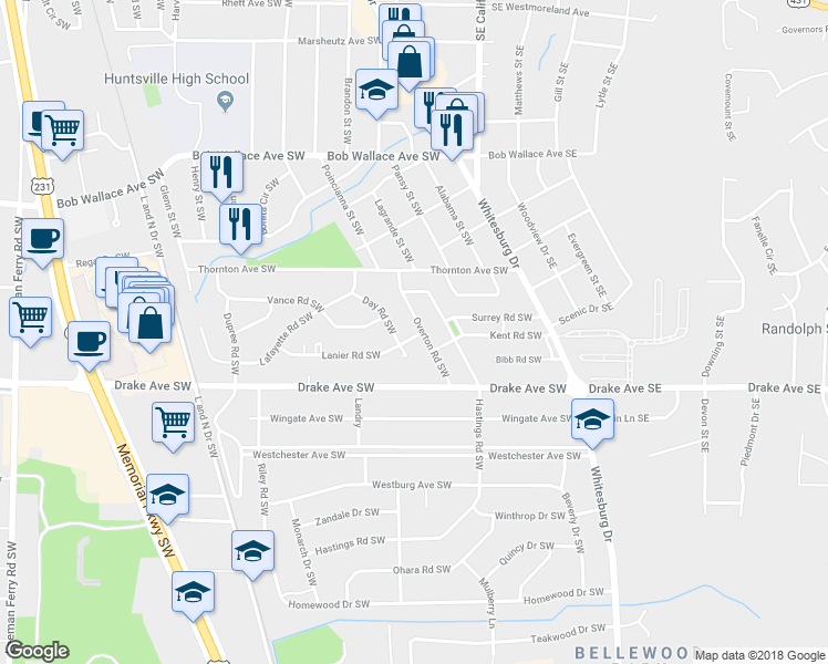 map of restaurants, bars, coffee shops, grocery stores, and more near 2720 Overton Road Southwest in Huntsville