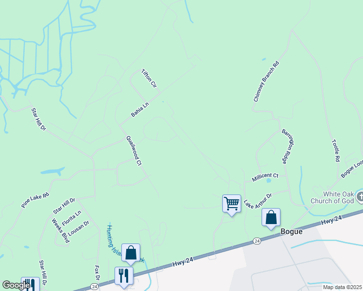 map of restaurants, bars, coffee shops, grocery stores, and more near 202 Covey Court in Cape Carteret