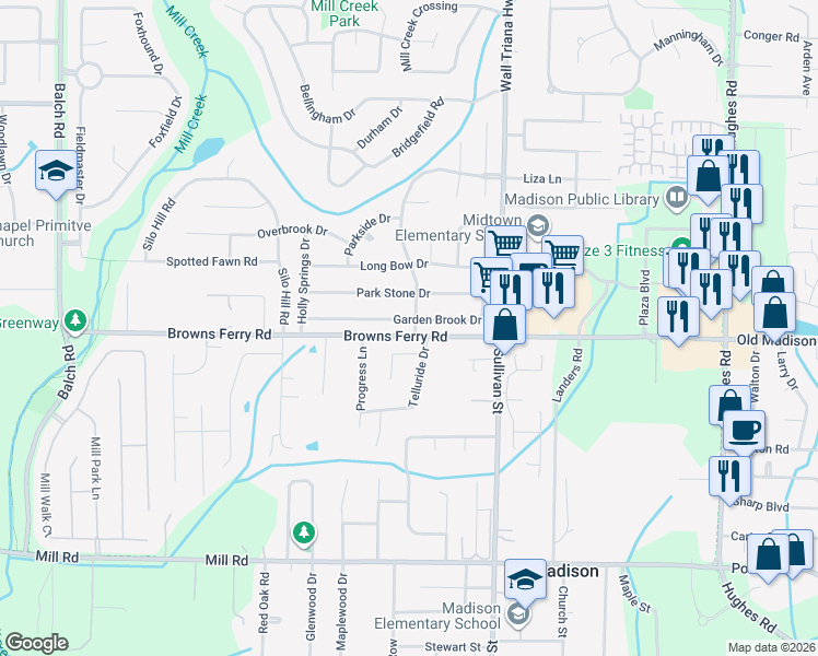 map of restaurants, bars, coffee shops, grocery stores, and more near 171 Garden Brook Drive in Madison