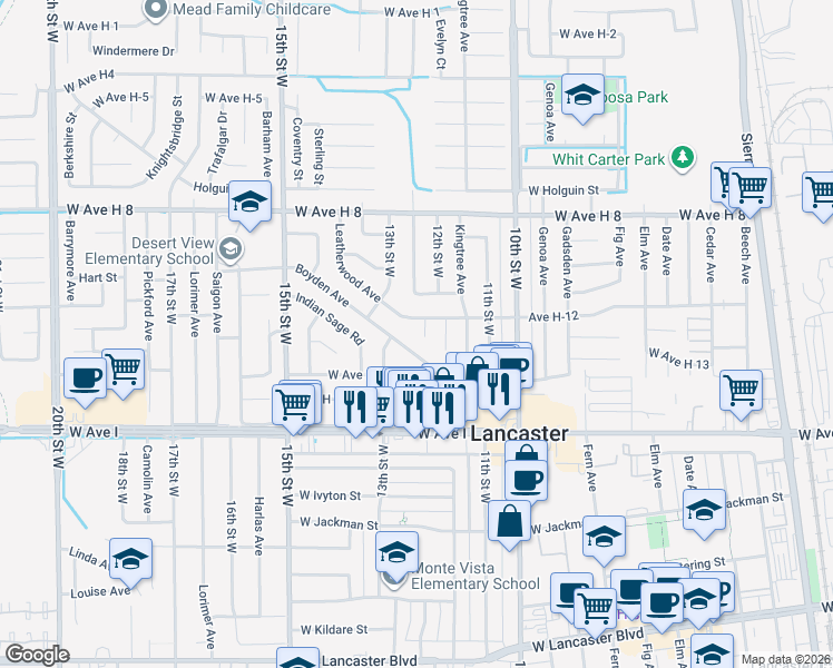 map of restaurants, bars, coffee shops, grocery stores, and more near 45309 Newtree Avenue in Lancaster