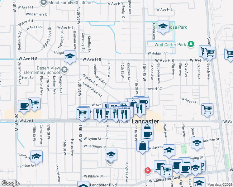 map of restaurants, bars, coffee shops, grocery stores, and more near 45309 Newtree Avenue in Lancaster
