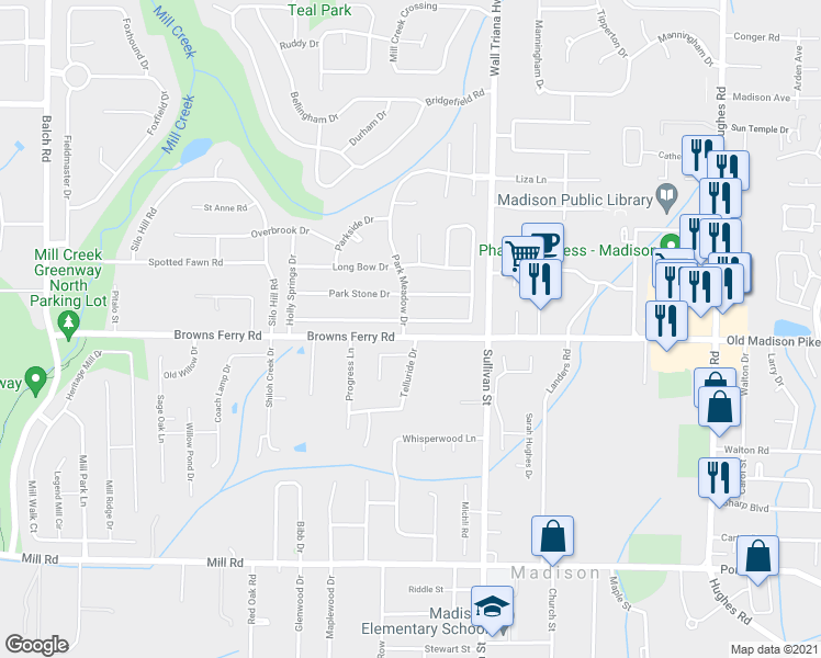 map of restaurants, bars, coffee shops, grocery stores, and more near 171 Garden Brook Drive in Madison