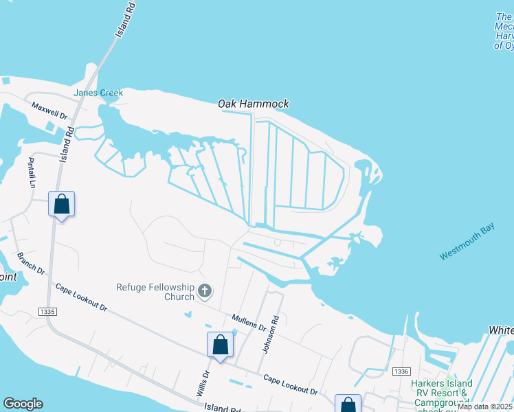 map of restaurants, bars, coffee shops, grocery stores, and more near 262 Oak Hammock Drive in Harkers Island