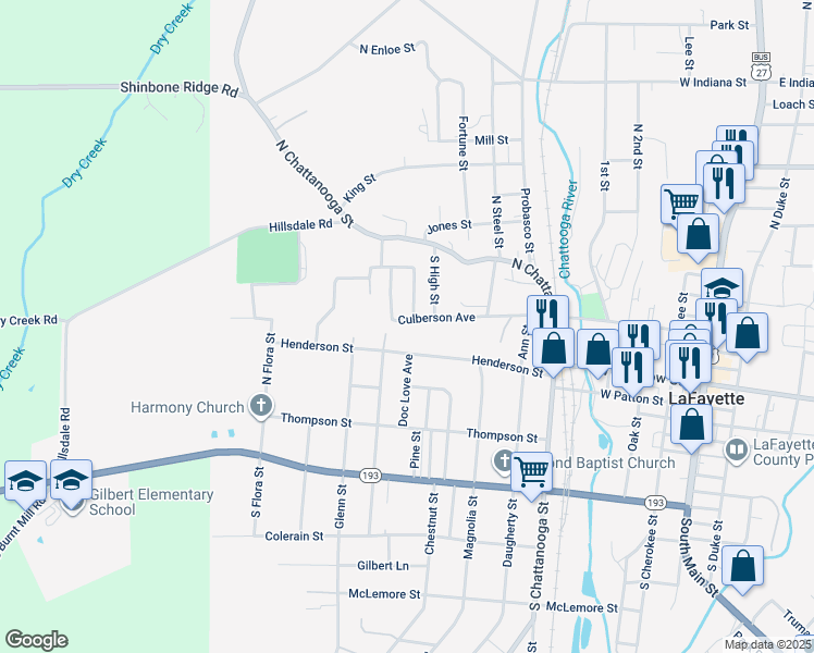 map of restaurants, bars, coffee shops, grocery stores, and more near 705 Culberson Avenue in LaFayette