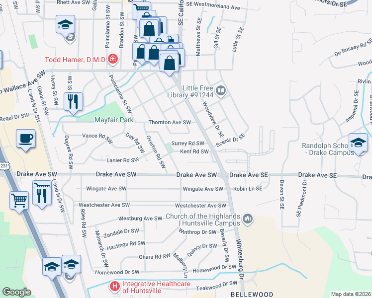 map of restaurants, bars, coffee shops, grocery stores, and more near 108 Kent Road Southwest in Huntsville