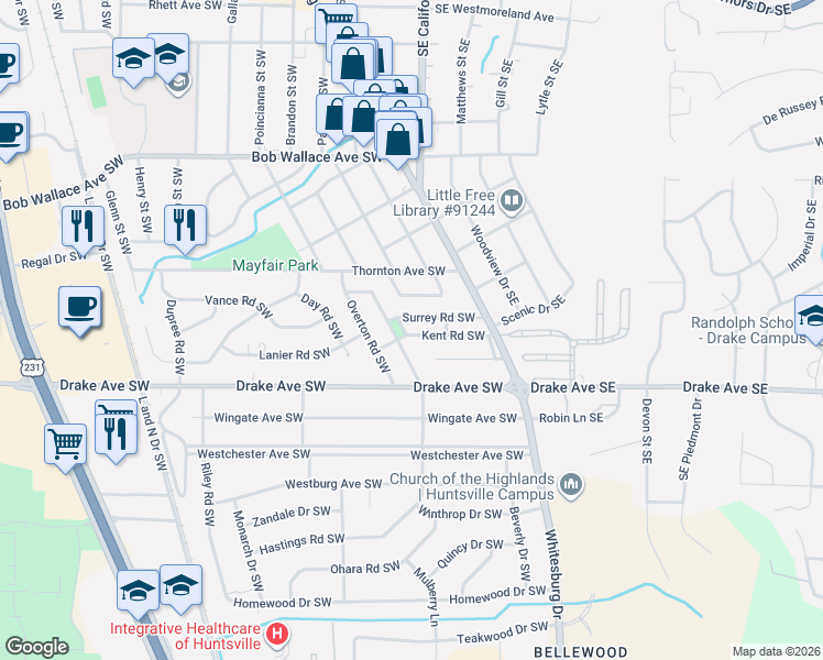 map of restaurants, bars, coffee shops, grocery stores, and more near 208 Kent Road Southwest in Huntsville