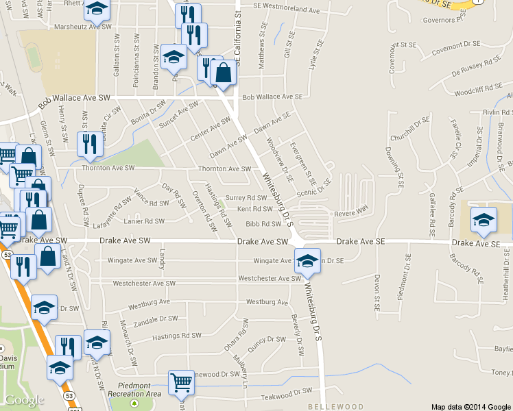 map of restaurants, bars, coffee shops, grocery stores, and more near 108 Kent Road Southwest in Huntsville