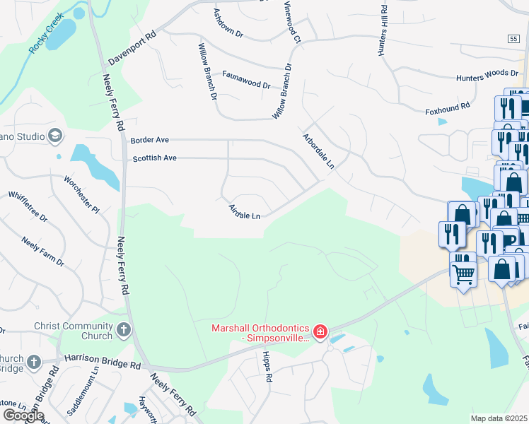 map of restaurants, bars, coffee shops, grocery stores, and more near 421 Airdale Lane in Simpsonville