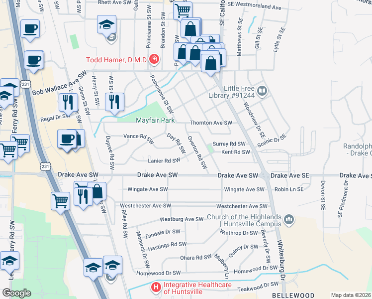 map of restaurants, bars, coffee shops, grocery stores, and more near 2717 Day Road Southwest in Huntsville