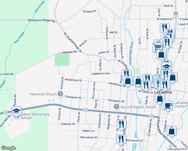 map of restaurants, bars, coffee shops, grocery stores, and more near 705 Culberson Avenue in LaFayette