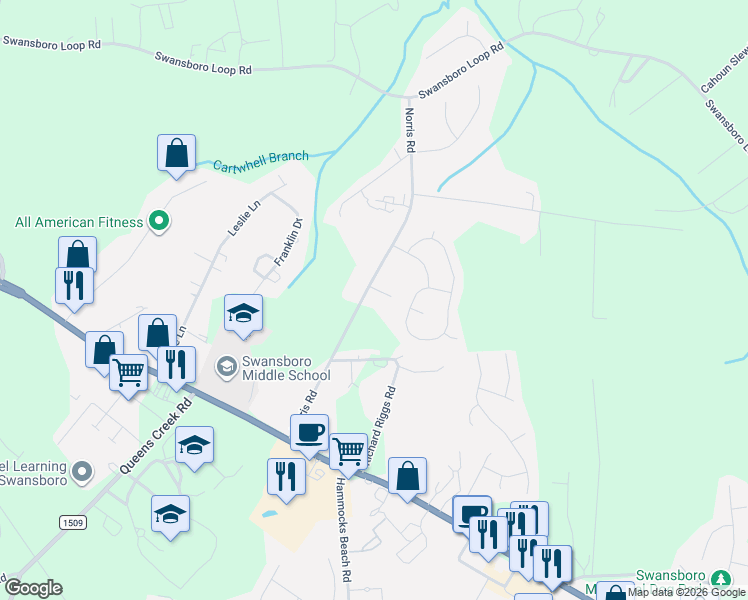 map of restaurants, bars, coffee shops, grocery stores, and more near 182 Norris Road in Swansboro