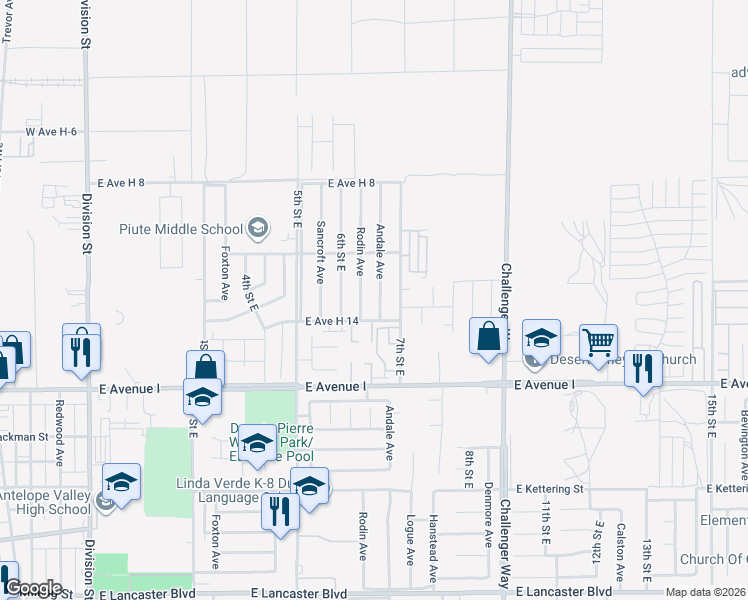 map of restaurants, bars, coffee shops, grocery stores, and more near 45323 Andale Avenue in Lancaster