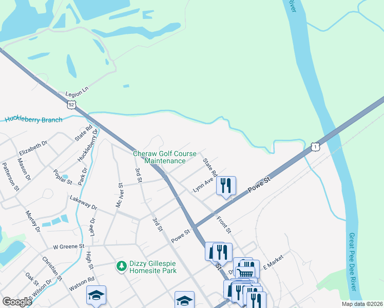map of restaurants, bars, coffee shops, grocery stores, and more near 56 Victory Drive in Cheraw