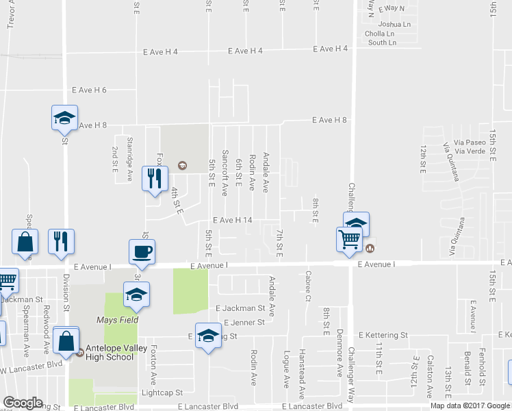 map of restaurants, bars, coffee shops, grocery stores, and more near 45324 Rodin Avenue in Lancaster