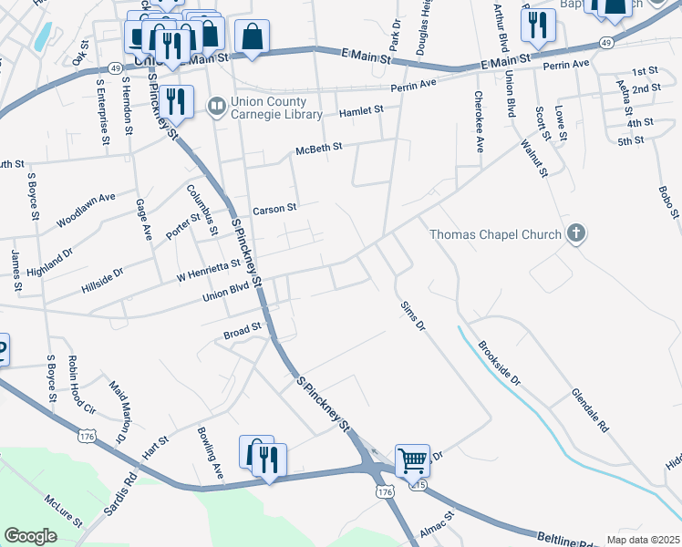 map of restaurants, bars, coffee shops, grocery stores, and more near 105 Meador Street in Union