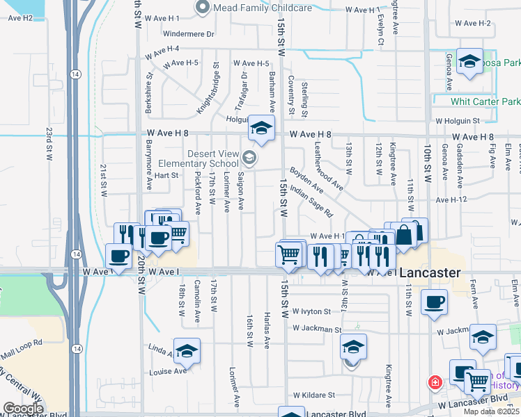 map of restaurants, bars, coffee shops, grocery stores, and more near 45406 Thornwood Avenue in Lancaster