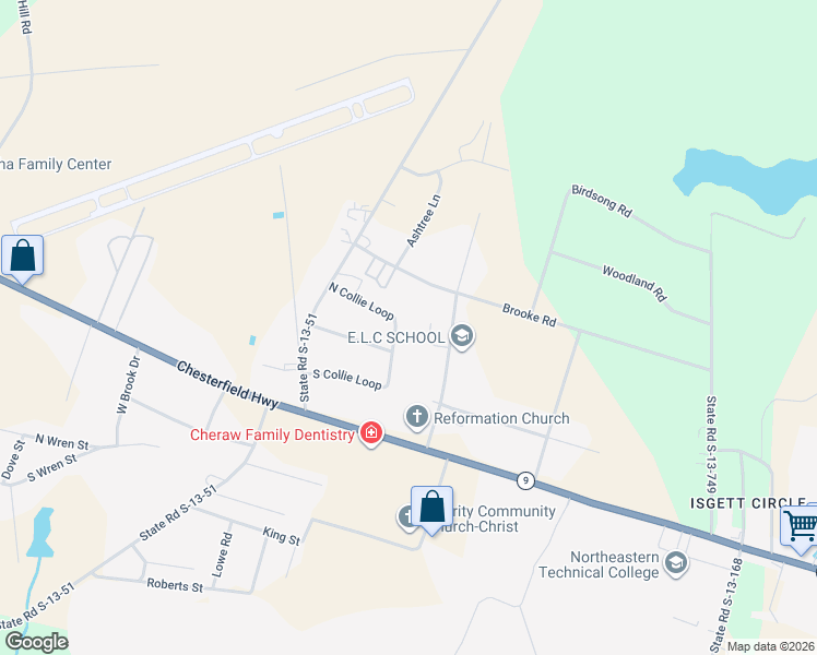 map of restaurants, bars, coffee shops, grocery stores, and more near 255 North Trade Lane in Cheraw