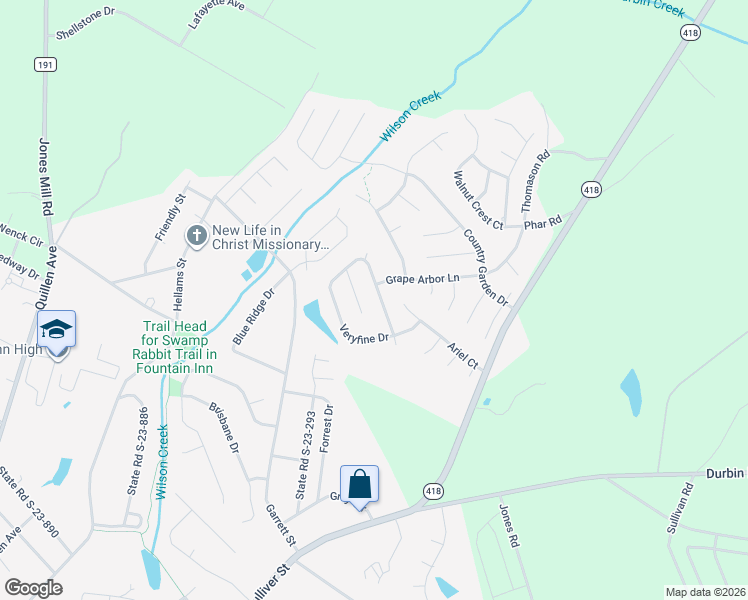 map of restaurants, bars, coffee shops, grocery stores, and more near 15 Spring Vista Court in Fountain Inn