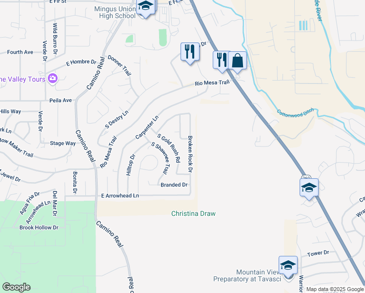 map of restaurants, bars, coffee shops, grocery stores, and more near 2280 Broken Rock Circle in Cottonwood