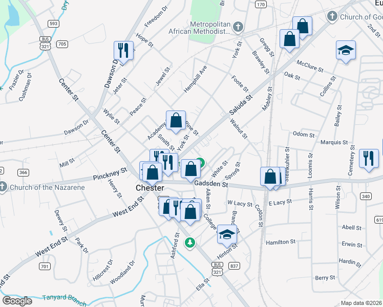 map of restaurants, bars, coffee shops, grocery stores, and more near 107 Saluda Street in Chester