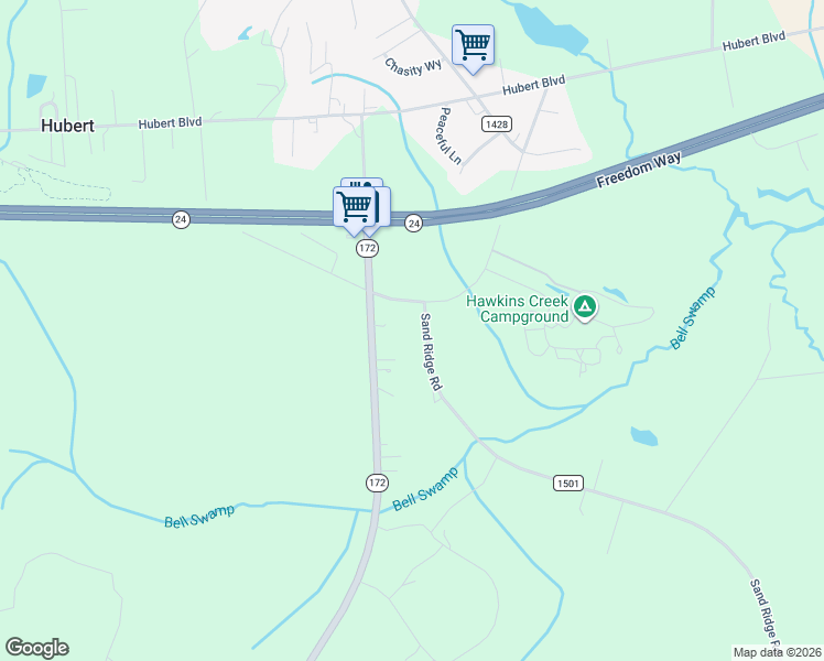 map of restaurants, bars, coffee shops, grocery stores, and more near 151 State Highway 172 in Hubert