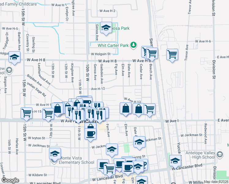 map of restaurants, bars, coffee shops, grocery stores, and more near 715 Woodgate Street in Lancaster