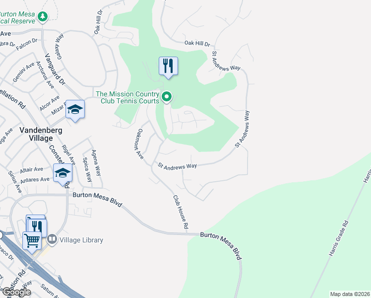 map of restaurants, bars, coffee shops, grocery stores, and more near 4050 Saint Andrews Court in Lompoc