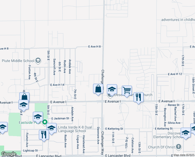 map of restaurants, bars, coffee shops, grocery stores, and more near 45347 Denmore Avenue in Lancaster