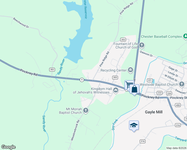 map of restaurants, bars, coffee shops, grocery stores, and more near 1050 Pine Ridge Road in Chester