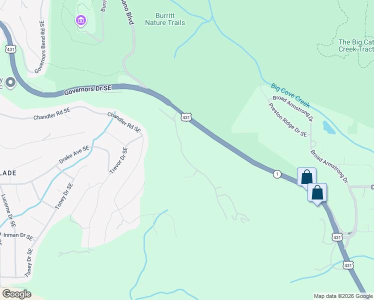 map of restaurants, bars, coffee shops, grocery stores, and more near 11 Asbury Road Southeast in Huntsville
