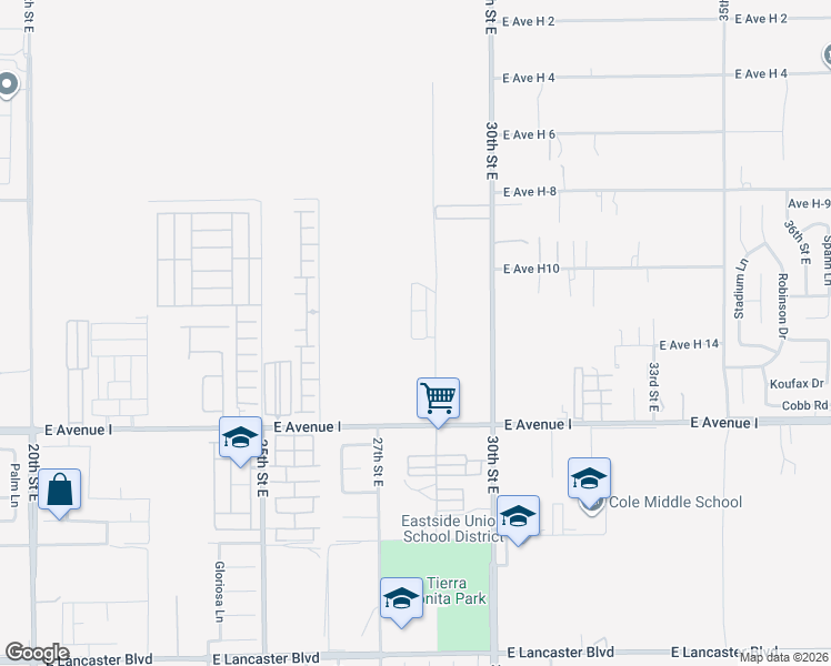 map of restaurants, bars, coffee shops, grocery stores, and more near 45415 28th Street East in Lancaster