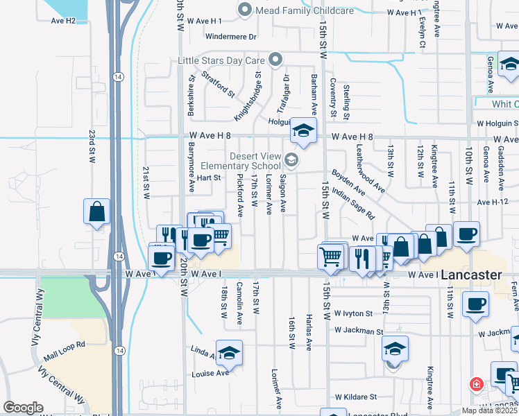 map of restaurants, bars, coffee shops, grocery stores, and more near 45348 17th Street West in Lancaster