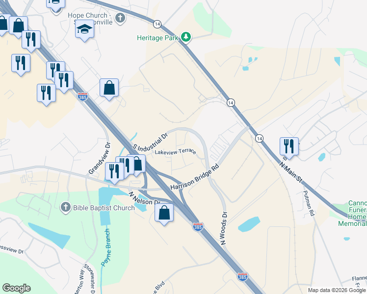 map of restaurants, bars, coffee shops, grocery stores, and more near 107 Lakeview Terrace in Simpsonville