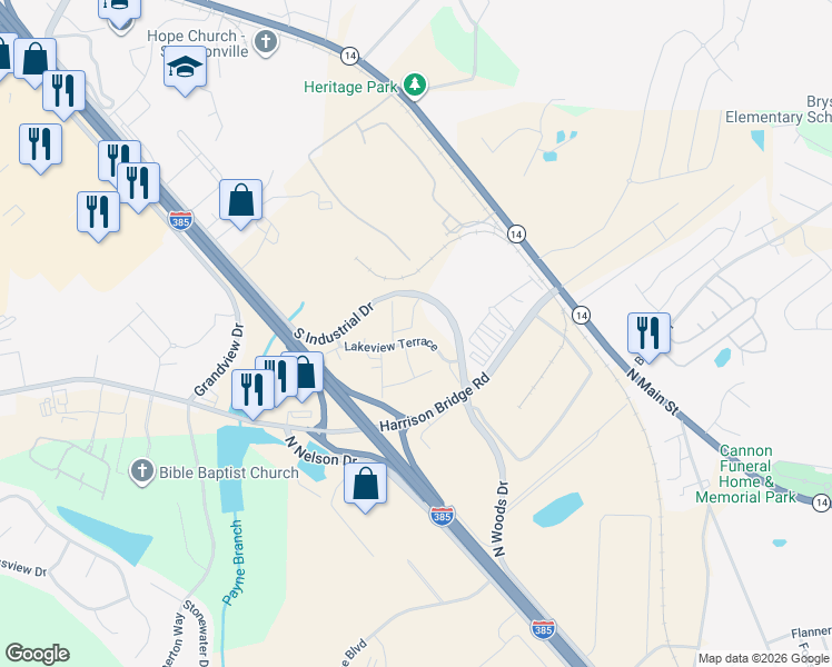 map of restaurants, bars, coffee shops, grocery stores, and more near 116 Lakeview Terrace in Simpsonville