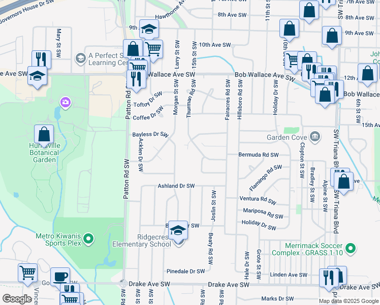 map of restaurants, bars, coffee shops, grocery stores, and more near 3907 Harwood Avenue Southwest in Huntsville