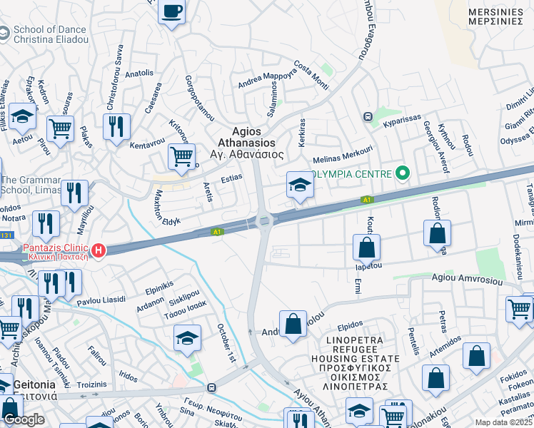 map of restaurants, bars, coffee shops, grocery stores, and more near Linopetras Roundabout in Agios Athanasios