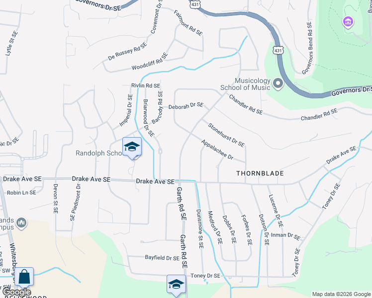 map of restaurants, bars, coffee shops, grocery stores, and more near 2904 Drexel Drive Southeast in Huntsville
