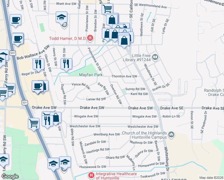 map of restaurants, bars, coffee shops, grocery stores, and more near 2717 Day Road Southwest in Huntsville