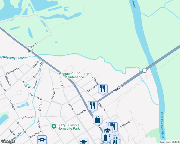 map of restaurants, bars, coffee shops, grocery stores, and more near 56 Victory Drive in Cheraw