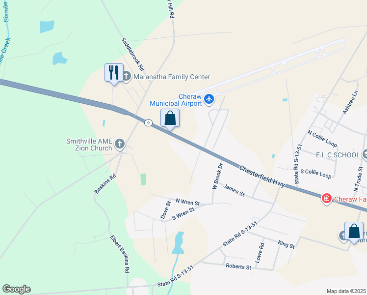 map of restaurants, bars, coffee shops, grocery stores, and more near 3883 South Carolina 9 in Cheraw