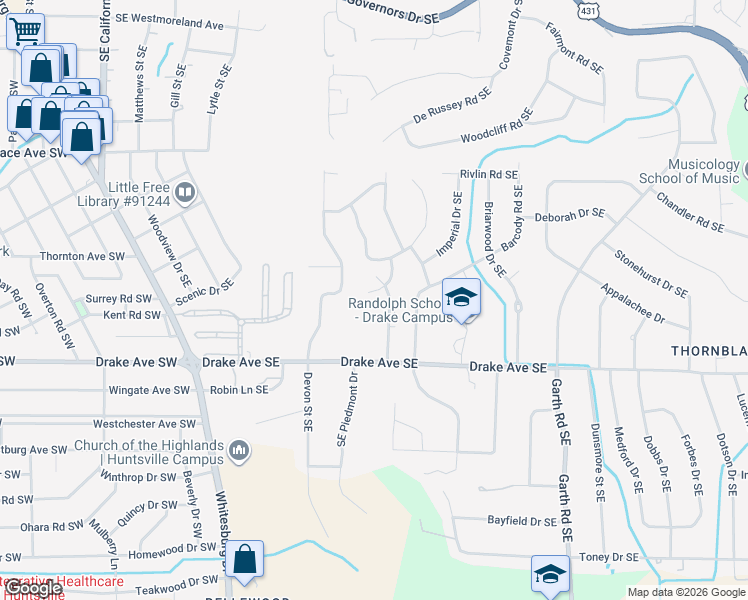map of restaurants, bars, coffee shops, grocery stores, and more near 2902 Gallalee Road Southeast in Huntsville