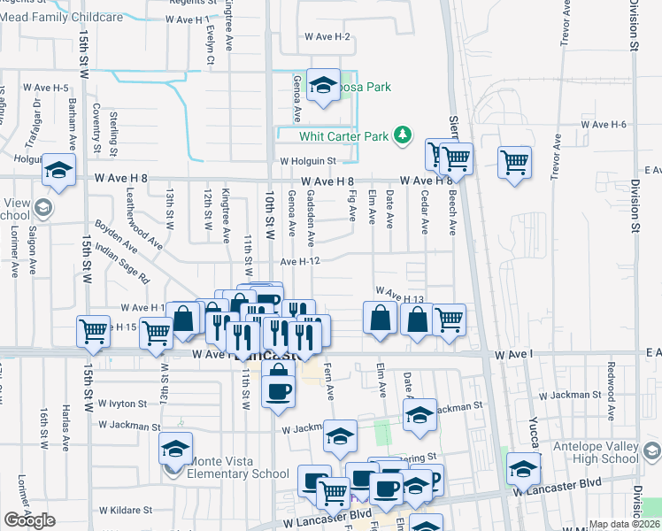 map of restaurants, bars, coffee shops, grocery stores, and more near 750 Avenue H-12 in Lancaster