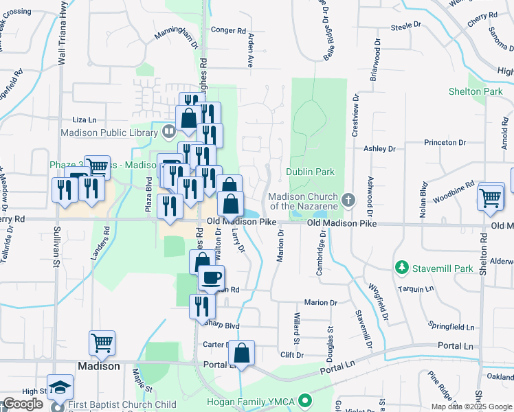 map of restaurants, bars, coffee shops, grocery stores, and more near 339 Waters Edge Lane in Madison