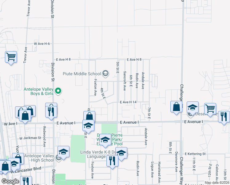 map of restaurants, bars, coffee shops, grocery stores, and more near 45408 Raysack Avenue in Lancaster