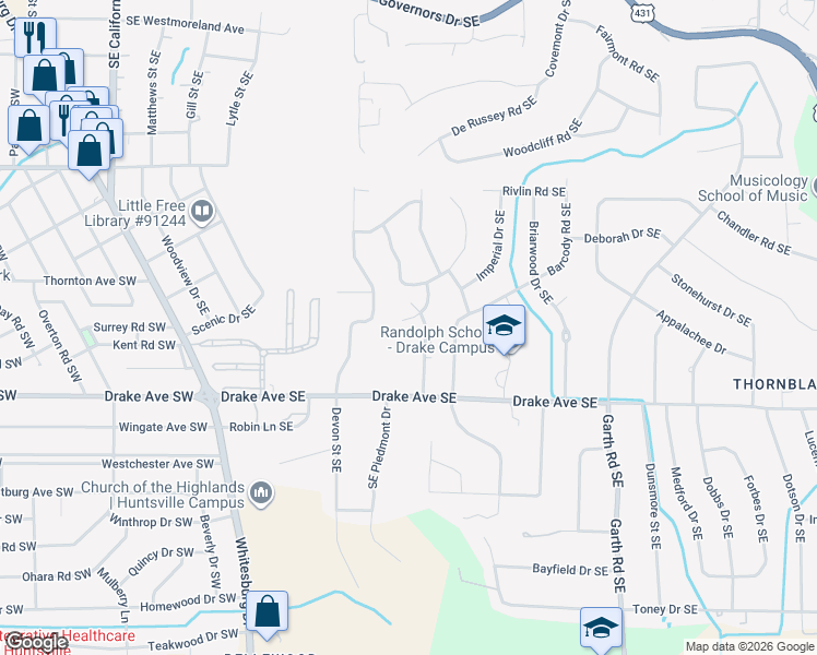 map of restaurants, bars, coffee shops, grocery stores, and more near 2902 Gallalee Road Southeast in Huntsville