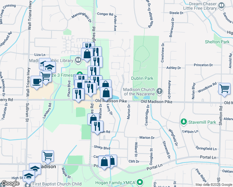 map of restaurants, bars, coffee shops, grocery stores, and more near 339 Waters Edge Lane in Madison