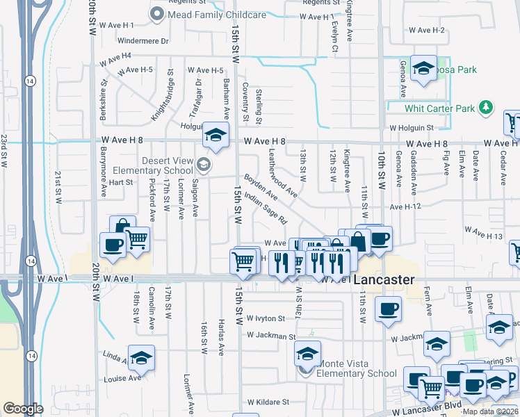 map of restaurants, bars, coffee shops, grocery stores, and more near 1380 Indian Sage Road in Lancaster