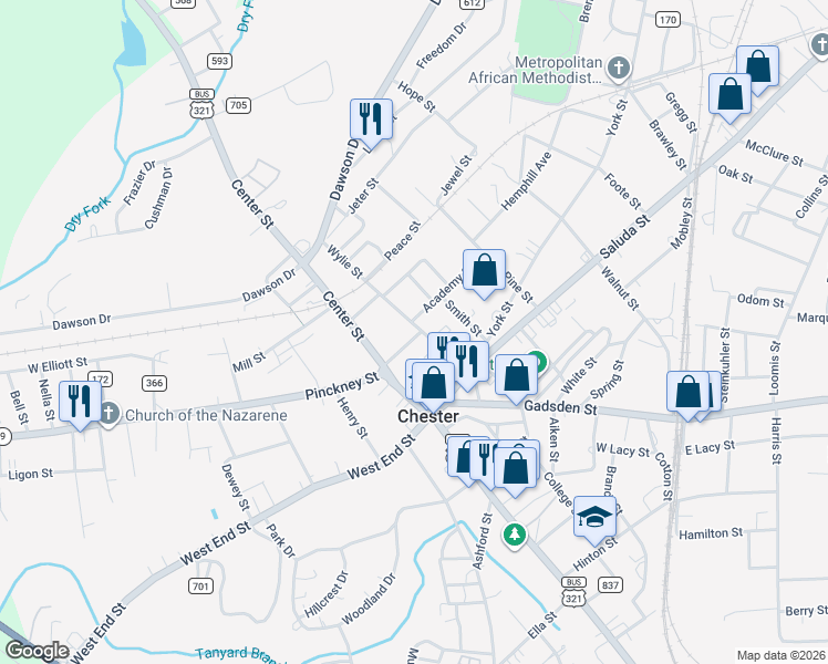 map of restaurants, bars, coffee shops, grocery stores, and more near 138 Wylie Street in Chester
